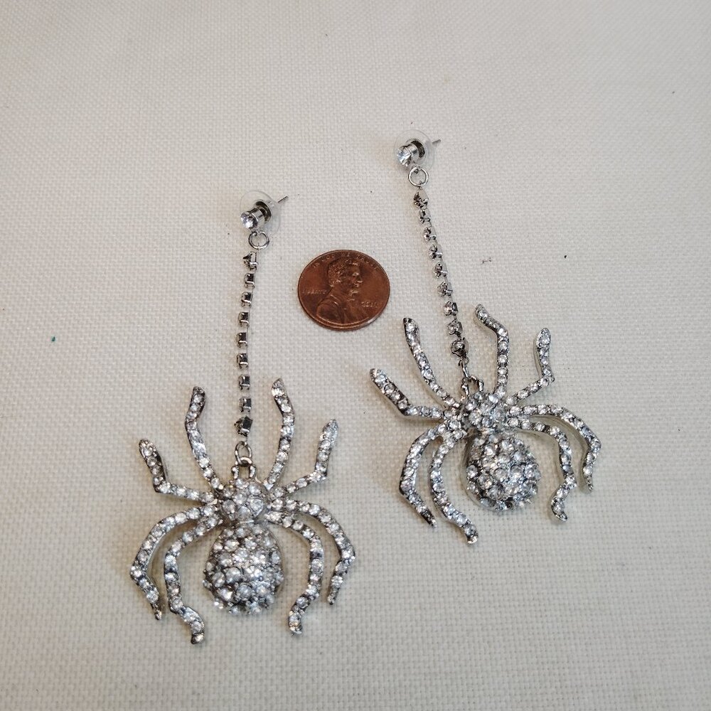 Rhinestone Spider Dangle Earrings Silver Tone 3.5 Inch Drop
